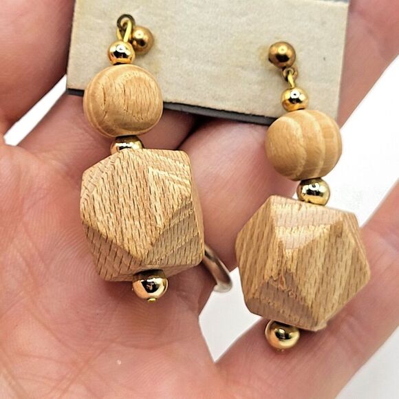 Bohemian Faceted Wooden Dangle Drop Earrings 2in - Picture 1 of 3